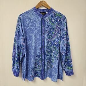 Bob Mackie Wearable Art Blouse 1X Blue Floral Paisley Button Down Long Sleeve